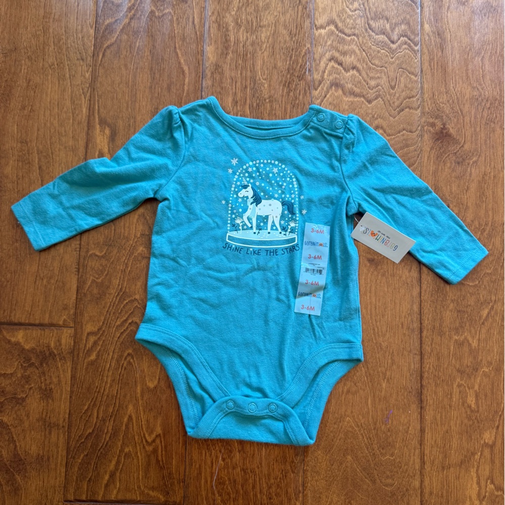 NWT Size 3-6 months Garanimal Teal Long-Sleeve Onesie with Unicorn design
